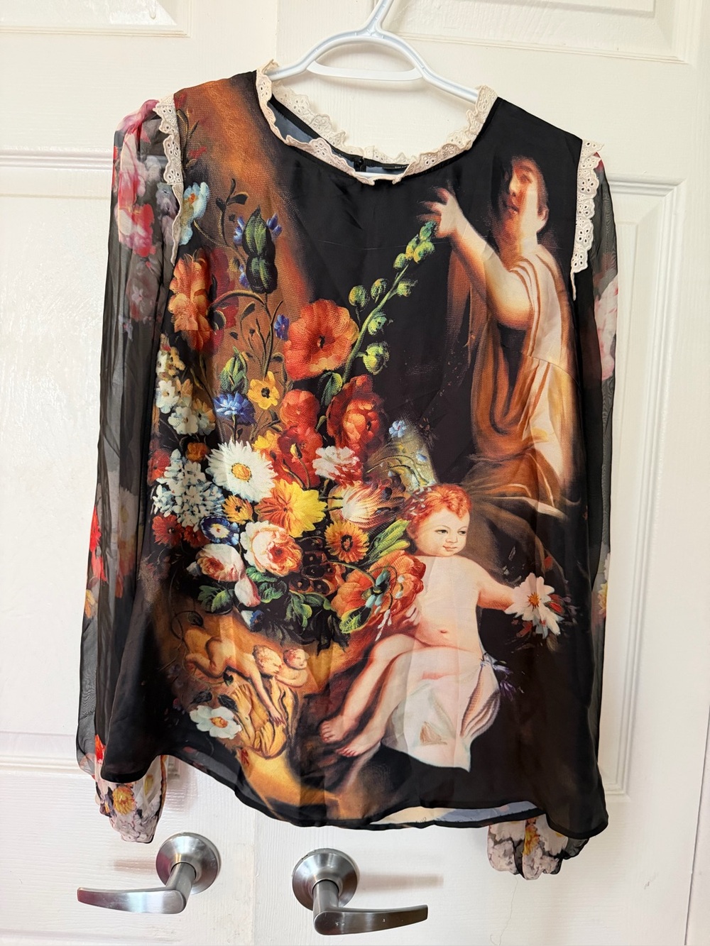 Luxury 100% Silk Renaissance Print Blouse with Delicate Lace Trim